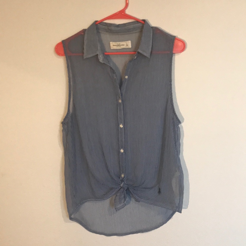 Sheer blue stripes sleeveless blouse